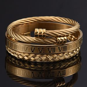 3pcs/Set Roman Numeral Men Bracelet Handmade Stainless Steel Hemp Rope Buckle Open Bangles Luxury Jewelry