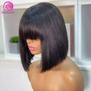 Synthetic Wigs Bob Bang Wigs Fringe Brazilian Human Hair Wigs 8-14inch 180 Density Bone Straight Short Bob Wig With Bang Double Drawn Wigs 231214