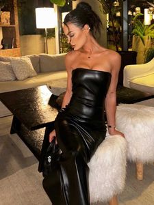 Urban Sexy Dresses Pu Leather Strapless Dresses For Women Fashion Sexig Clubwear Solid Sleleless Mante Bodycon Hip Wrap Long Vestidos Robes Fel231215