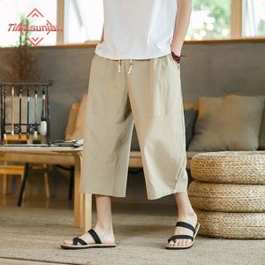 Męskie spodnie męskie spodnie haremowe vintage bawełniane lniane elastyczne talia szerokie nogi spodnie samiczne solidne kieszenie luźne spodnie 231214