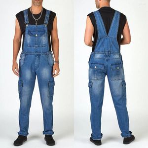 Herr jeans tung vikt vintage blå jumpsuits skarvade sidofickor tvättade hängbyxor arbetsbyxor