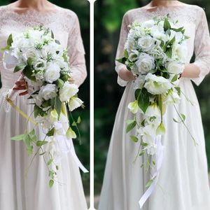 Fiori nuziali Goccia d'acqua Cascata Sposa con bouquet da sposa bianco verde con nodo rosa WAS10154