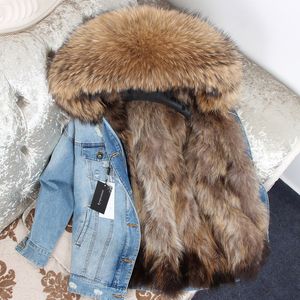 Raccoon Fur Coats Women Winter Jackets Fur Hood Denim Parkas Jacket Thick Warm Outdoor Designer Tops Snow Outerwear