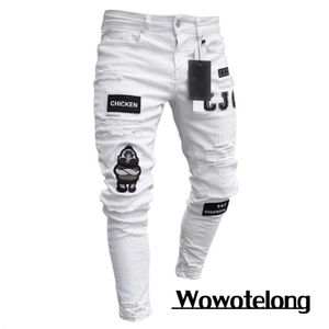 Herrbyxor 2023 Vit broderi Skinny Ripped Jeans Men Cotton Stretchy Slim Fit Hip Hop Denim Casual för joggingbyxor 231214