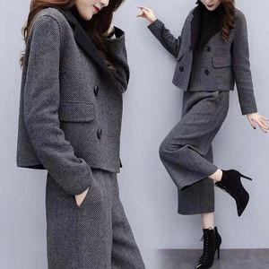Calças femininas de duas peças outono inverno mulheres lã tweed blazer 2 conjunto elegante jaqueta calças outfits cintura alta larga perna ternos 231214