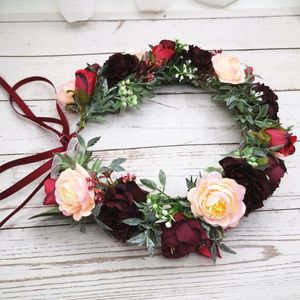 Wholesale Vintage Burgundy Flowers Crown Headbands Women Hair Accessories Wedding Headwear Hat Decoration Floral Garlands