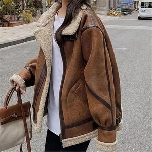 Women's Fur Winter Sheepskin Faux Suede Leather Jacket Women Lamb Shearling Outwear Long Sleeve Zipper Short Biker Coat Female G3087