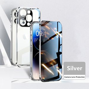 Magnetic Tempered Glass Metal Privacy Case For iPhone 11 12 13 14 15 Pro Max plusl mini Anti-Spy Back Cover