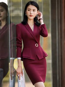 Women's Suits Blazer Skirt Two Piece Set Office Ladies Pants Wine Red Elegant Business Suit Black Work Wear Uniform 231214