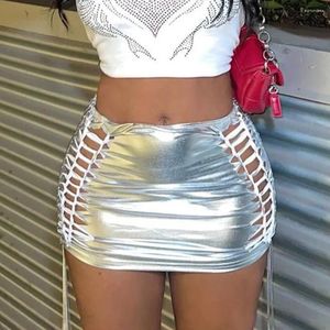 Skirts Miniskirt Girl Style 2023 Fashion Bright Leather Tassel High Elastic Hollow Out Strap Skirt For Women Sexy & Club