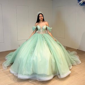 Salbeigrünes Quinceanera-Kleid, Ballkleid, schulterfrei, Applikation, Spitze, Perlen, Puffy, süßes 16-Kleid, Promi-Party-Kleider, Abschlussfeier