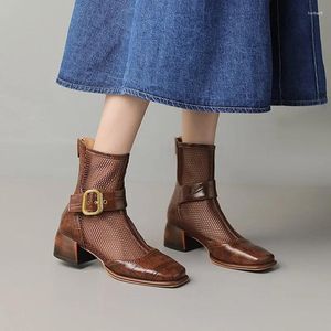 Sandali Punta chiusa Scarpe con fibbia Stivali estivi per donna Pelle di mucca Mesh Gladiatore Tacco medio Stile romano Traspirante quotidiano