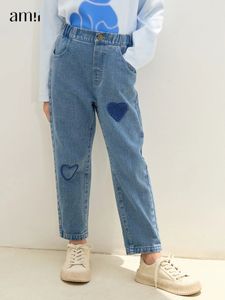 Jeans Amii Kids Children Jeans for Girls Autumn Cartoon Love Straight Denim Blue Teenager Casual Long Trousers 22343016 231215