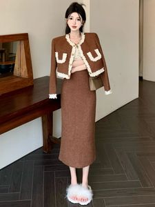 Two Piece Dress Small Fragrance Tweed Skirts Sets O Neck Patchwork Short Cardigans Jacket Long Skirt Korean Fashion Two Piece Set Female Outfits 231215