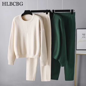 Calças femininas de duas peças HLBCBG Conjunto de suéter de 2 peças para mulheres estilo pista Oneck suéter solto masculino CHIQUE suéter de malha calças de cenoura 231215