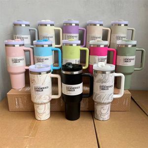 Wholesale 40oz Reusable Tumbler with LOGO Power Coated Tumblers with Handle and Straw Stainless Steel Insulated Travel Mug Tumbler H2.0