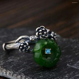 Anelli a grappolo FNJ Anello in argento 925 per gioielli da donna Originale puro S925 Sterling naturale Hetian Jade Flower Pietra verde