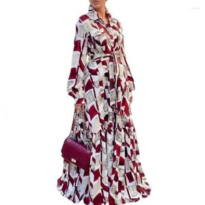 Roupas étnicas Camisa Africana Maxi Vestido Mulheres Cintura Alta Manga Completa Robes Primavera Moda Impressão Elegante Vestidos Vestidos