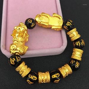 Braccialetti con ciondoli Bracciale in oro Imitazione Vietnam Shakin Mantra a sei caratteri con perline Sabbia Buona fortuna Cinese Doppio Pixiu Gioielli303K