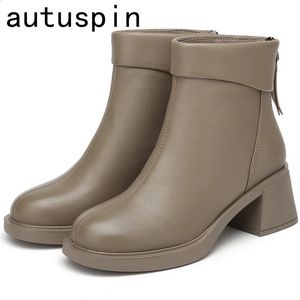 Botas autuspin 65cm bloco de salto alto escritório senhoras trabalhando negócio genuíno sapatos de couro inverno outono mulheres moda tornozelo 231214