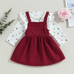 Set di abbigliamento Neonate 2 pezzi Abiti autunnali Pagliaccetto floreale a maniche lunghe + Set gonna con bretelle Abiti per neonati