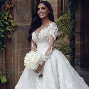 Luxo floral laço vestido de casamento para a noiva 2024 mangas compridas boêmio vestido de noiva split lado uma linha romântico vestidos formais tribunal trem