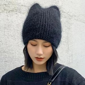 Beanieskull Caps Women Cute Cat Ear Winter Hat Double-Layer Rabbit pälshatt Stylish Soft Beanie Hat For Women Warm Gls Sticked Cap 231215