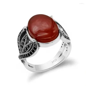 Кольца кластера мужу в подарок Стерлинговое серебро 925 пробы овальный красный натуральный агатовый камень для мужчин с черным CZ винтажный классический драгоценный камень изящные ювелирные изделия