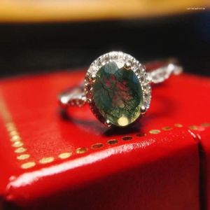 Кольца кластера, кольцо из натурального мохового агата, размер 6 мм x 8 мм, овальной формы с серебром 925 пробы, свадьба для женщин