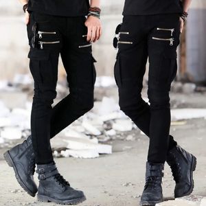 Jeans masculinos motocicleta denim calças preto moda estiramento zíper magro plissado moto motociclista homens magro venda 231214