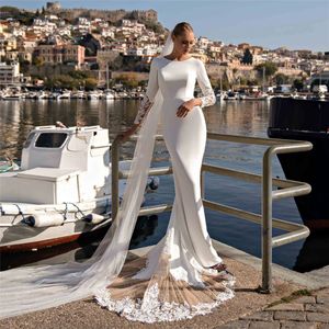 Civil Wedding Dresses Long Sleeve Beaded Appliques Mermaid Wedding Dress Scoop Neck Button Back Splice Train Bridal Gown