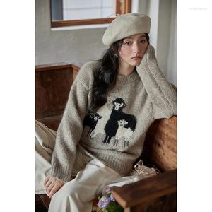 Kadın Sweaters 2023 Kadın Sonbahar Kış Gri Örgü Jumper Basit Vintage O yakalı kazak Hayvan Baskı Sevimli Uzun Kollu Kazak