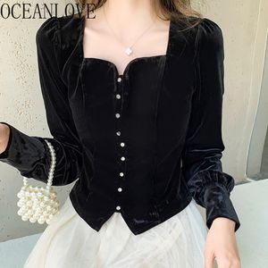 Kvinnors blusar skjortor oceanlove svart sammet skjorta topp solid höst elegant retro safir koreanska mode korta kläder 231214