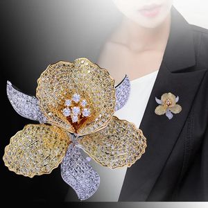 Pins Brooches OKILY Luxurious Cubic Zirconia Orchid Flower Brooch Pin Delicate Floral and for Women Valentine's Gift 231214