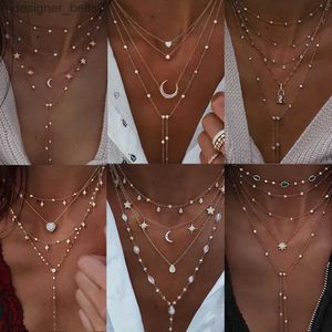 Hänge halsband Nya vintage crystal geometry stjärna månlås halsband för kvinnor 2020 boho flernivå hänge halsband chokers smycken gåva231215