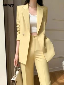 Women's Two Piece Pants Circyy Women Suits Office Sets 2023 Autumn Long Sleeve Solid Double Breasted Blazer Coat High Waisted Wide Leg Pant Outfits 231214