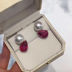 Orecchini a bottone Carino Lady Pearl Orecchini con rubino Vero argento sterling 925 Promessa di matrimonio per le donne Gioielli da festa nuziale