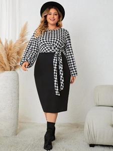 Plus size vestidos houndstooth feminino bloco de cores mangas compridas rendas robe o pescoço queda sprimg bodycon vestido pano de grandes dimensões