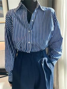 Women's Blouses Blue Striped Shirts For Women Spring 2023 Korean Loose Button Up Turn Down Collar Long Sleeve Tops Casual P70