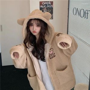 Kvinnors hoodies lamm ull kvinnor y2k tröjor kawaii koreanska blixtlåsrockar fleece tjock överdimensionerad björn örontryck huva preppy stil harajuku