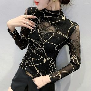 Kvinnors T-skjortor Black Leopard Shirt Kvinnor Håliga ut sexiga Slim Mesh T-shirt Femme Diamonds Spliced ​​Gaze Thin Designer