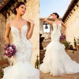 Kitty Chen Wedding Dresses Tiered Spets Appliced ​​V-Neck Bridal Gowns Backless Sweep Train Vestido de Novia Mermaid Wedding Dress Crystal