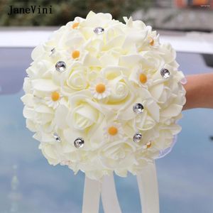 Flores de casamento JaneVini Elegante Buquês de Primavera Espuma Artificial Azul Rosas Brancas Cristal Nupcial Mão Decoração de Festa