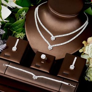 Necklace Earrings Set HIBRIDE Two Layers Earring Ring Bracelet 4PCS Cubic Zirconia For Women Wedding Jewelry Accessories N-1465