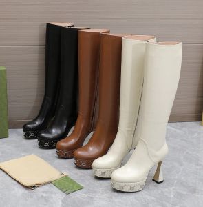 Plateau-Stiefel, Designer-Nieten, echtes Leder, runde Zehen, klobiger Absatz, luxuriöse, hochwertige Herbst-Winter-Stile, Reißverschluss, hochhackige Knight Boo