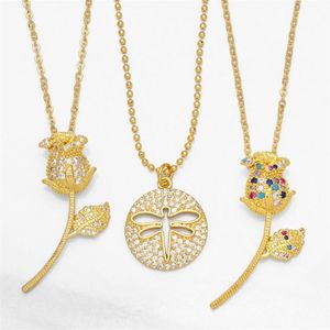 Pendanthalsband Elegant Copper Crystal Tulip Necklace For Women Gold Dragonfly Fashion Rainbow Flower Par Lover Jewelry Gifts3088