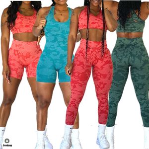 Lu Lu Align Seamless Women Yoga Camo Ställer in träningsscrunch Legging Shorts Back Cross One Female Jumpsuit Fitness Gym Rompers Active Suits Lemons LL träning