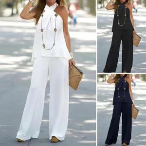 Women's Two Piece Pants 2 Pcs/Set Women Top Suit Wide Leg Halter Neck Sleeveless Off Shoulder Dating OL Blouse Trousers Set Summer Outfit