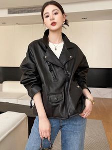 Kvinnor Leather Casual Black äkta Motorycle Jacket för kvinnor Hösten 2023 Enkel dragkedja Löst Fit Real Sheepskin Coat