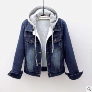 겨울 2023 한국어 버전 데님 봉제 재킷 여성의 짧은 두꺼운 분리 가능한 후드 코튼 재킷, 따뜻한 양모면 재킷